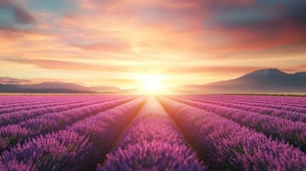 Canvas Print - Lavender Field Sunset Landscape Purple Flowers Mountain Range