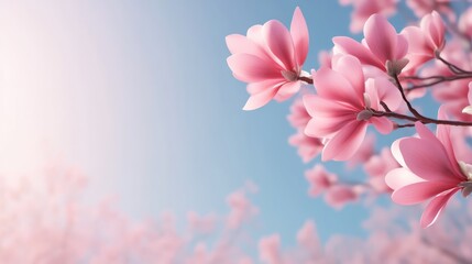 Poster - Pink Magnolia Blossoms Against Blue Sky Spring Flowers