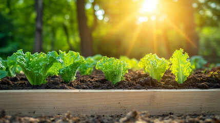 Wall Mural - vegetable garden flourishing in a raised wooden bed. Lush green plants and vines cover the area, showcasing fresh produce, symbolizing growth, abundance, and the rewards of nurturing nature