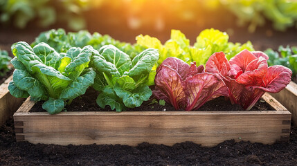 Poster - vegetable garden flourishing in a raised wooden bed. Lush green plants and vines cover the area, showcasing fresh produce, symbolizing growth, abundance, and the rewards of nurturing nature