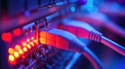 Poster - A close-up of a network cable being plugged into a server, symbolizing data connectivity and networking.