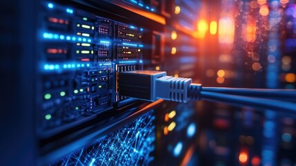 Poster - A close-up of a network cable being plugged into a server, symbolizing data connectivity and networking.