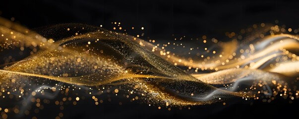 Wall Mural - Abstract Golden Glittering Waves on Black Background