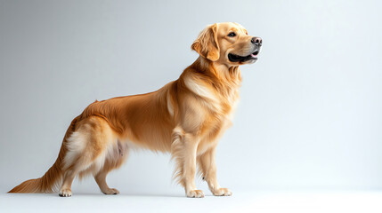 A regal golden retriever standing proudly, showcasing its beautiful golden fur and friendly demeanor against a light background.