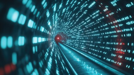 Poster - A digital matrix of numbers and codes flowing through a tunnel, representing the concept of data transfer.