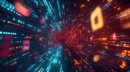 Poster - A digital matrix of numbers and codes flowing through a tunnel, representing the concept of data transfer.