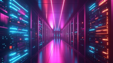 Poster - A futuristic data center with rows of glowing servers, capturing the heart of modern information technology.