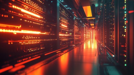 Poster - A futuristic data center with rows of glowing servers, capturing the heart of modern information technology.