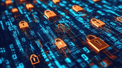Poster - A graphic showing data encryption, with padlocks and digital keys overlaying streams of binary code.