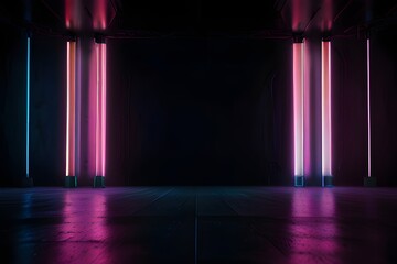 Wall Mural - Empty dark abstract background. Background of an empty show scene. Glow of neon lights on an empty stage. Generative AI