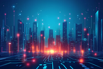 Poster - A futuristic cityscape with glowing lights and circuit board patterns, representing the digital world and technology.