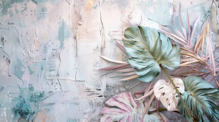 Poster - Tropical summer theme with pastel palm leaves on textured wall backdrop.