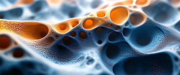 Abstract representation of textured surfaces with bubbles and gradients.