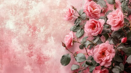 Poster - A pink flower arrangement is displayed on a pink background. The flowers are arranged in a way that they are not overlapping each other, and they are all facing the same direction