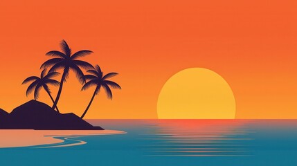 Stunning Tropical Sunset Over Calm Ocean with Silhouetted Palm Trees and Vibrant Orange Sky