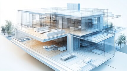 Aufkleber - A 3D rendering of a large house with a lot of glass windows. The house is very modern and has a lot of open space