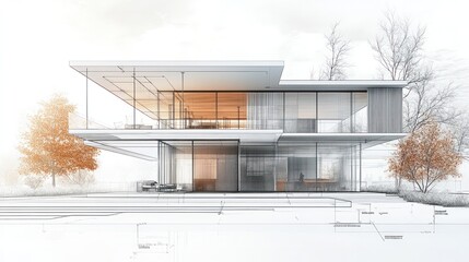 Aufkleber - A large white house with a lot of glass windows and a slanted roof. The house is surrounded by trees and a sidewalk