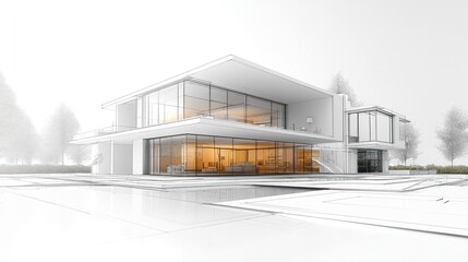 Aufkleber - A white house with a large glass window and a balcony. The house is designed to look like a modern, minimalist structure