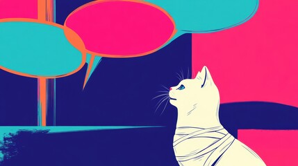 Poster - A curious cat gazes upward at colorful speech bubbles amidst an energetic and multicolored background, suggesting playful communication