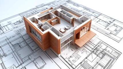 Aufkleber - A drawing of a house with a brown exterior and white interior. The house is shown in a 3D format, with a white background. The drawing conveys a sense of depth and realism