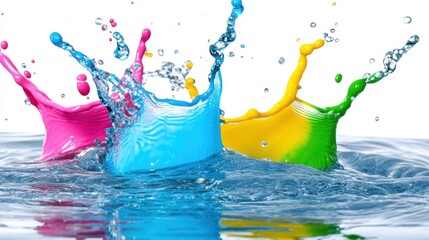Poster - Vibrant paint splashes create lively patterns in water, showcasing a mesmerizing blend of colors and movement in an artistic space