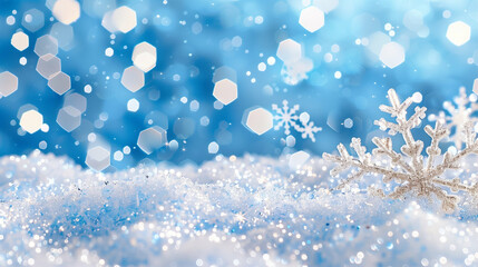 Poster - Snowflake on sparkling snow in winter landscape with blurred bokeh background and frosty atmosphere