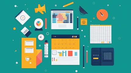 Smart project management tools for remote teams, flat design, top view, tech productivity theme, animation, Split-complementary color scheme