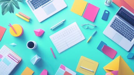 Smart project management tools for remote teams, flat design, top view, tech productivity theme, animation, Split-complementary color scheme