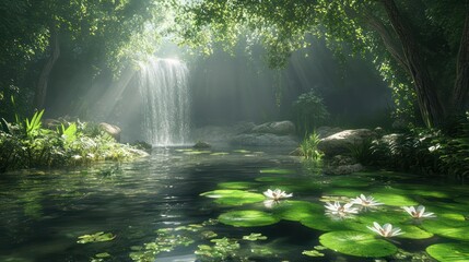 A serene and peaceful scene of a waterfall surrounded by lush greenery and a pond full of lilies. The sunlight shining through the trees creates a calming atmosphere