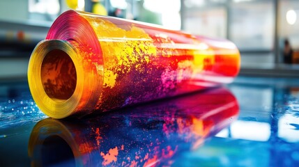 A long, colorful roll of paper is sitting on a blue surface. The colors are bright and vibrant, creating a sense of energy and excitement