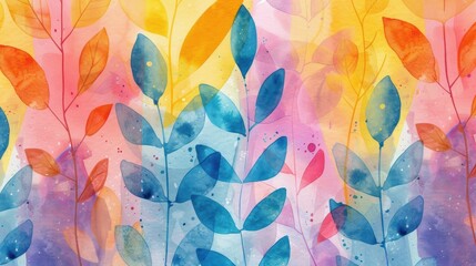 Poster - The artwork showcases a colorful, abstract watercolor design filled with leaves and a vibrant, blended background of hues
