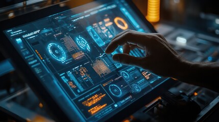 Aufkleber - A person is touching a computer screen with a finger. The screen is displaying a variety of colorful icons and numbers. Concept of technology and innovation
