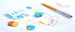 © sakareeya - Colorful business graphs and charts with a pen on a white background, illustrating data analysis and insights for presentations.