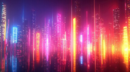 Poster - A cityscape with neon lights and buildings in a bright, colorful array. Scene is energetic and vibrant, with the bright colors and the city lights creating a sense of excitement and movement