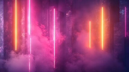 Fototapete - A neon cityscape with smoke and bright colors. The smoke is purple and orange, and the buildings are tall and colorful. Scene is energetic and futuristic