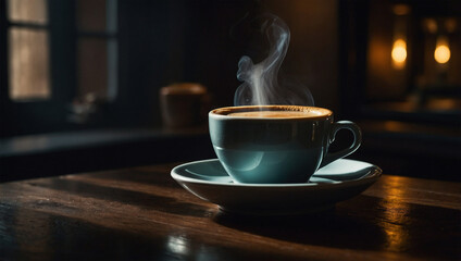 Steaming cup of espresso with a rich crema, highlighted by moody lighting that creates strong contrasts and deep shadows.