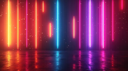 Fototapete - A colorful, neon light display with a dark background. The lights are arranged in a row, with each one a different color. Scene is energetic and vibrant