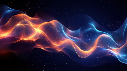 Wall Mural - A long, colorful wave of light with orange and blue streaks. The image is of a space-like environment with a lot of stars and a black background