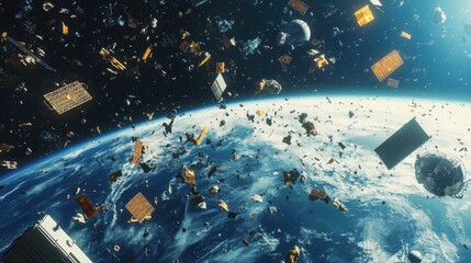 3D illustration of space debris and old satellites swirling around Earth, showcasing the issue of space pollution