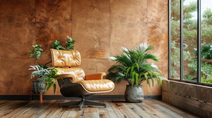 Wall Mural - Contemporary loft living room with plywood wall, wood flooring, vintage leather chair, and potted ferns by window. Urban jungle-themed mock-up.