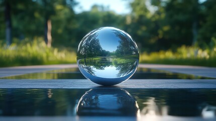Poster - A large, shiny, silver ball is floating on the surface of a body of water. The reflection of the ball in the water creates a sense of depth and movement. The scene evokes a feeling of tranquility