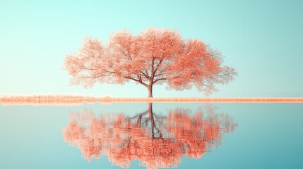 Poster - A tree with pink leaves is reflected in the water. The image has a serene and peaceful mood, with the tree standing alone in the water