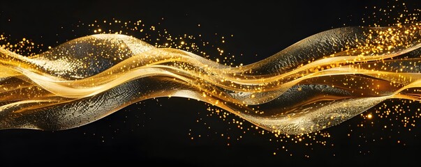 Wall Mural - Abstract Golden Waves with Sparkling Glitter on Black Background