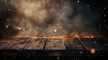 A burning edge of a wooden table, with fire sparks and smoke rising against a dark backdrop, creating an intense setting for product placement.