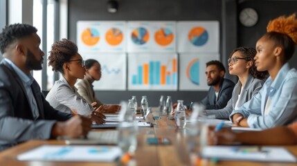 a business meeting with a diverse group of professionals around a conference table, discussing strategies with charts and graphs