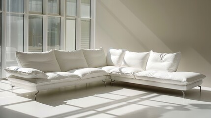 Wall Mural - Modern white sectional sofa with plush cushions in a minimalist living room with large windows.