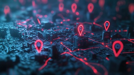Poster - A conceptual 3D city with connected location pins floating above, representing interconnectedness and navigation.