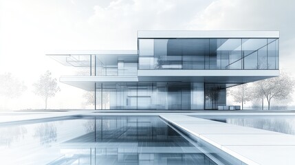 Poster - A large white house with a pool and a tree in the background. The house is modern and sleek, with large windows that let in plenty of natural light