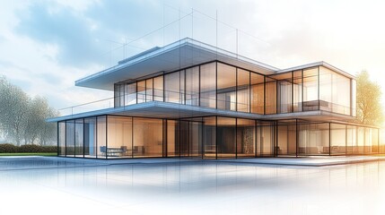 Aufkleber - A large glass building with a lot of windows and a balcony. The building is designed to look modern and sleek