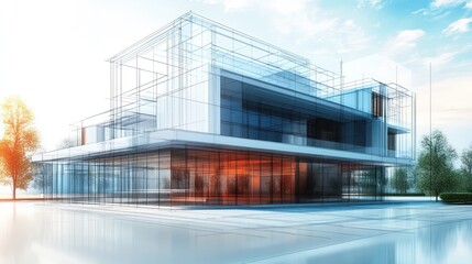 Aufkleber - A large building with a glass facade and a tree in the background. The building is designed to look like a modern, futuristic structure